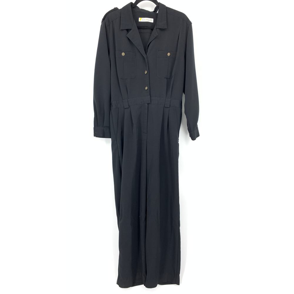 Vintage 80s Chaus Jumpsuit Womens Size M/L Long Sleeve Black Straight Leg *READ